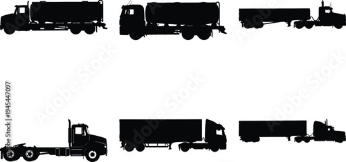 Assortment of six black truck silhouettes, showcasing semi-trucks, tankers, and a chassis cab, suitable for transportation and supply chain visuals.