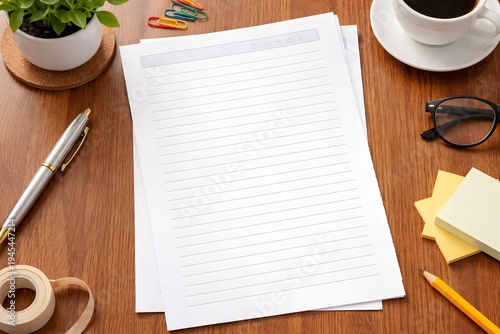 Creative workspace background with blank notepad page, stationery and coffee cup.