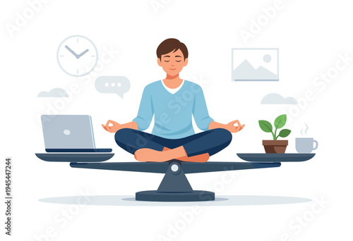 A mindful lifestyle moment where a professional restores balance between work activity and personal wellbeing during a remote workday, representing healthy routines and sustainable