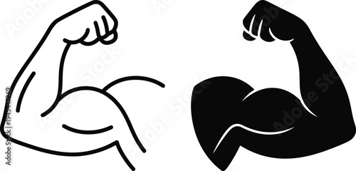 Minimalist arm bicep flex icon set containing simple outline and solid silhouette graphics representing strength power