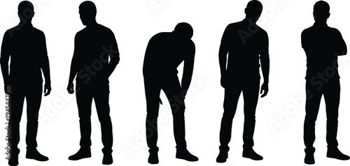 Male standing silhouettes showing different casual and tired body language poses isolated on white background human posture collection