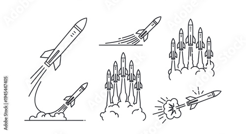 Collection of rocket launch illustrations in simple line art style.