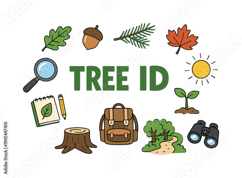 Nature exploration concept focused on identifying trees and leaves during spring and summer walks in forests and parks as an educational and relaxing outdoor activity. TREE ID title