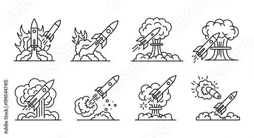 Collection of rocket launch and explosion line art icons.