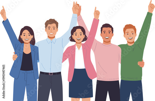 Happy diverse group raising hands together, teamwork success celebration, unity community concept, positive people illustration