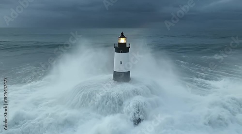 Lighthouse endures immense waves, standing firm amidst the turbulent sea at night