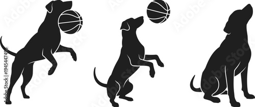 Dog silhouette playing with basketball, pet training activity, playful canine movement, animal sport concept, isolated illustration design