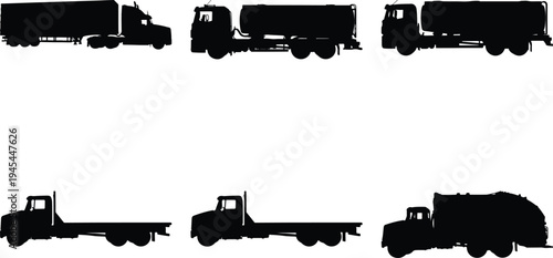 Set of various truck silhouettes showcasing different types like semi-trailers, tankers, and flatbeds, ideal for logistics and shipping concepts.