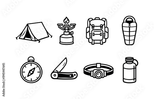 Camping survival gear: folding tent, camping stove, hiking backpack, sleeping bag, compass, folding knife, headlamp flashlight, water canteen bottle