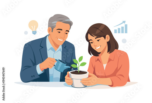 A supportive workplace interaction where a senior colleague helps a younger professional grow skills and confidence, representing mentorship and career development in a collaborative company
