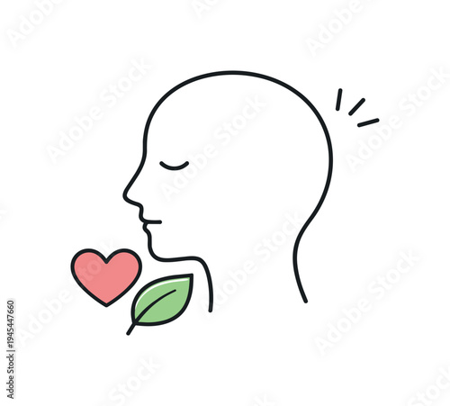 Balanced self care routine and healthy lifestyle habits supporting long term emotional and physical wellbeing, a calm human head outline beside a small heart and a leaf symbolizing