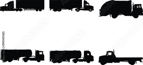 Compilation of black truck silhouettes featuring semi-trailers, tankers, and garbage trucks, symbolizing freight, hauling, and waste management.