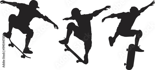 Skateboarder silhouette performing jump tricks, urban street sport action, skateboarding lifestyle, extreme sport movement, isolated illustration design