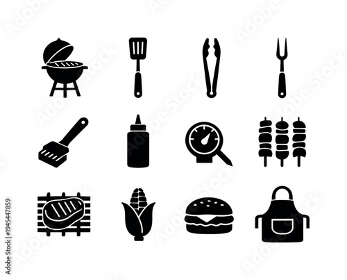 Barbecue grilling tools: charcoal grill, grill spatula, grill tongs, meat fork, barbecue brush, sauce bottle, grill thermometer, skewers with vegetables, steak on grill, corn on cob, burger