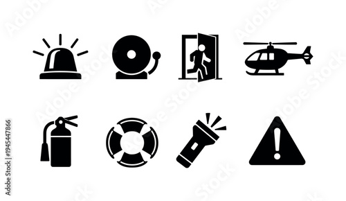 Disaster emergency response: warning siren, emergency alarm bell, evacuation exit door, rescue helicopter, fire extinguisher, life ring buoy, emergency flashlight, hazard triangle sign