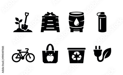 Eco sustainability actions: tree planting shovel, compost bin, rainwater barrel, reusable bottle, bicycle transport, cloth shopping bag, recycling bin, green energy plug with leaf