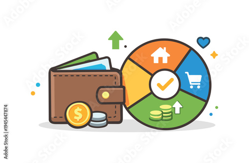Personal financial discipline and structured monthly budgeting helping individuals manage income, expenses, and savings with clear oversight, a simple wallet beside a pie chart representing