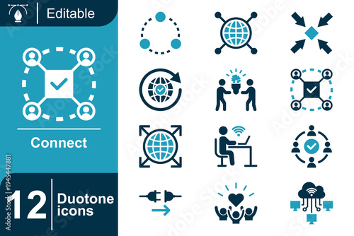 Connect icon set. Network connectivity system, digital communication network, online collaboration technology, global connection platform, integrated communication and more. Duotone vector icons colle