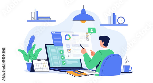 Businessman working diligently at modern office desk with laptop and documents