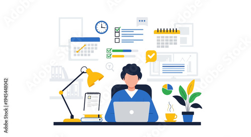 Young professional working diligently at modern office desk with laptop and documents