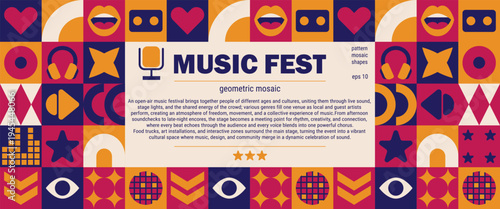Festival music poster for background abstract microphone and geometric mosaic pattern.