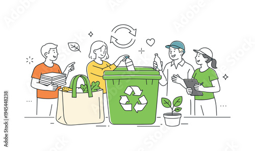 People organizing a neighborhood initiative to reduce waste and encourage responsible recycling in everyday community life, visual metaphor of a large recycling container placed beside a