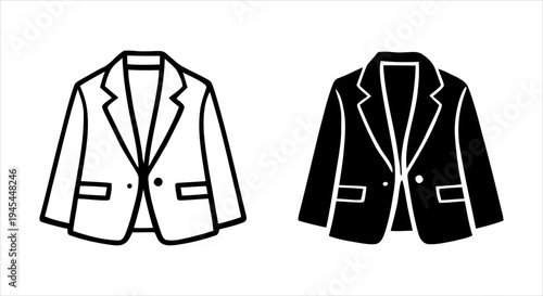 Modern blazer jacket icon set with outline and solid black styles for professional design