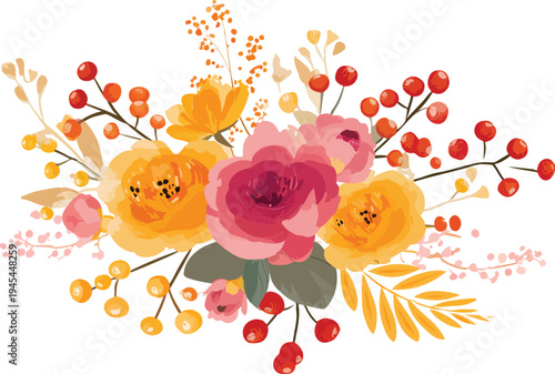 Bouquet of pink roses with butterflies and leaves cute floral vector illustration