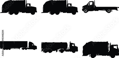 Collection of diverse truck silhouettes including garbage trucks, flatbed trucks, and semi-trailer trucks, isolated on white background.