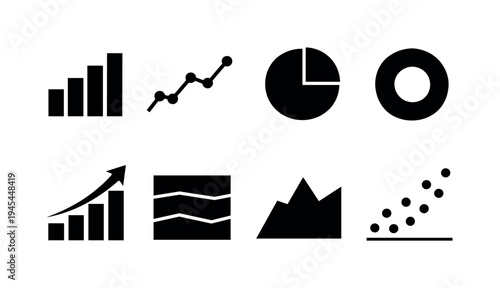 Business analytics charts: bar chart, line graph with dots, pie chart, donut chart, growth arrow chart, stacked bar chart, area chart, scatter plot graph