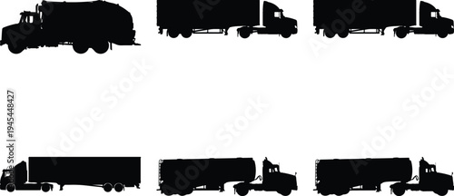 Set of black silhouette trucks featuring garbage trucks, semi-trailers, and tanker trucks, ideal for illustrating freight and waste management.