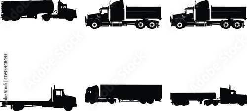 Assortment of black silhouette trucks including tanker, flatbed, and semi-trailers, representing various freight and cargo transportation services.