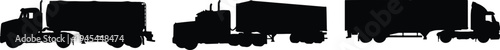 Compilation of black silhouette trucks: tanker, semi-trailer, and tractor-trailer, showcasing different heavy-duty vehicles for cargo transport.