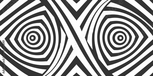 Optical illusion featuring symmetrical swirling black and white shapes