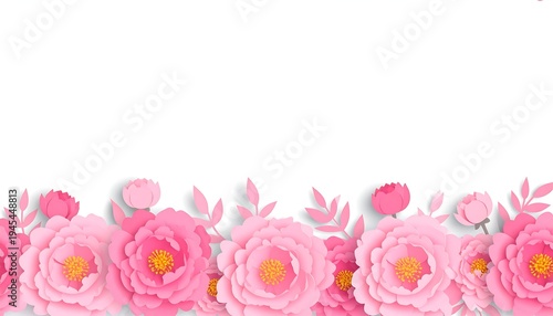 A beautiful floral border of soft pink paper-cut style flowers and leaves with yellow centers, against a white background
