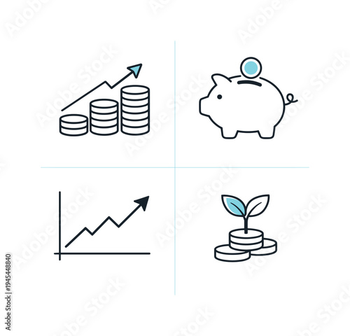 Financial investment growth and wealth planning representing responsible strategies used by individuals and businesses to build long term economic stability and financial success, four tiles