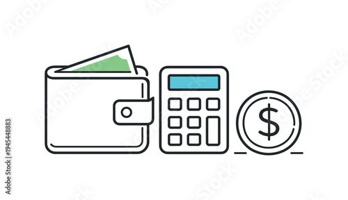Personal financial discipline and careful budgeting for everyday expenses and long term savings goals, a simple wallet beside a small calculator and a coin symbolizing responsible money