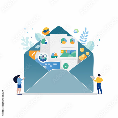 Conceptual flat Vector illustration of an open digital envelope revealing diverse content, symbolizing online communication, email marketing, and business data insights