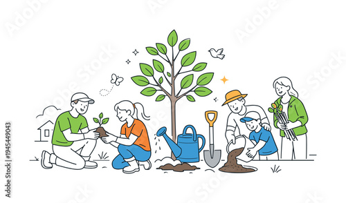 People organizing a weekend activity to plant trees and restore greenery in their neighborhood while improving the local environment together, visual metaphor of a large young tree beside a