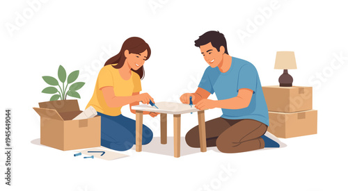 A young couple assembling simple furniture while setting up their new living room after moving into a new home, representing domestic life, cooperation, and everyday household organization
