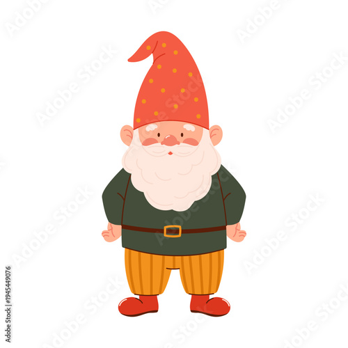 Cute garden gnome character with long beard and red hat. Flat vector illustration, perfect for kids designs, nursery decor, greeting cards, stickers