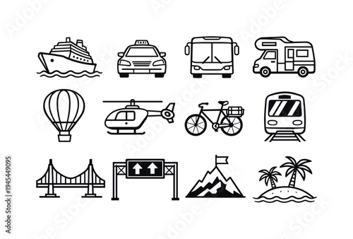World travel transportation: cruise ship, taxi car, bus, camper van, hot air balloon, helicopter, bicycle with luggage rack, subway train, suspension bridge, highway road sign, mountain with