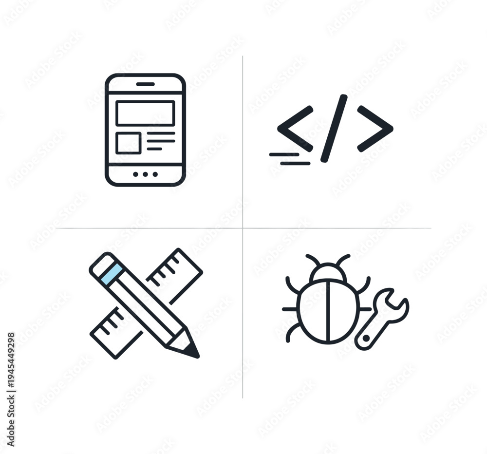 Obraz premium Mobile app development and digital product design representing the process of creating modern applications for smartphones through coding, interface design, and testing workflows, four tiles