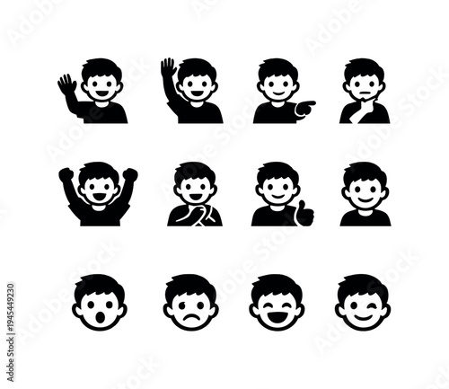 Boy expressions and gestures: boy waving hello, boy raising hand, boy pointing forward, boy thinking with hand on chin, boy cheering with arms up, boy clapping hands, boy thumbs up gesture