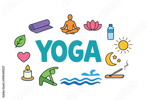 Healthy yoga practice and mindful movement lifestyle focused on flexibility, relaxation, and strengthening both body and mind through regular yoga routines. YOGA central title surrounded by