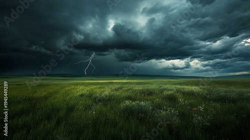 Dramatic sky over expansive green field with visible lightning strike