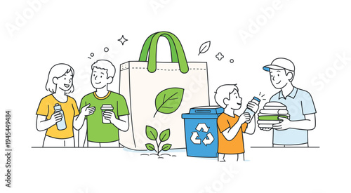 Residents organizing a neighborhood initiative to reduce plastic waste and encourage responsible consumption habits in everyday life, visual metaphor of a large reusable shopping bag placed