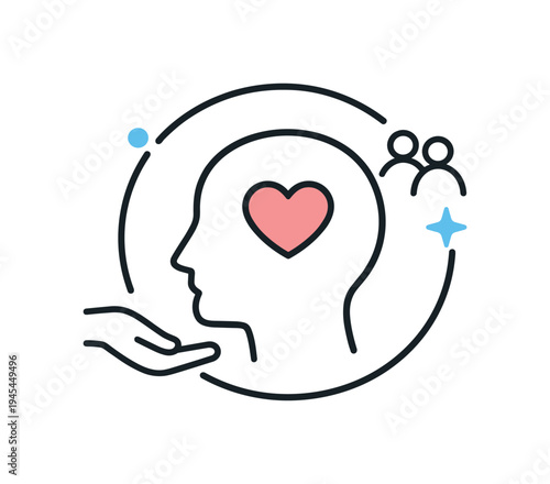 Mental Health Awareness Month focused on psychological balance and supportive community awareness, a simple human head silhouette with a heart and a protective circle around it symbolizing