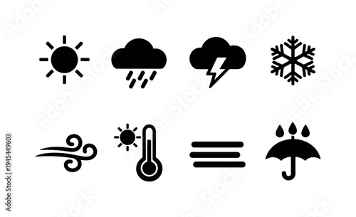 Weather conditions symbols: sun with rays, cloud with rain, cloud with lightning, snowflake, wind swirl, thermometer with sun, fog cloud lines, umbrella with raindrops