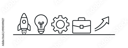 Startup growth and new business development as entrepreneurs build ideas, launch projects, and move step by step toward sustainable success in modern competitive markets, rocket, light bulb